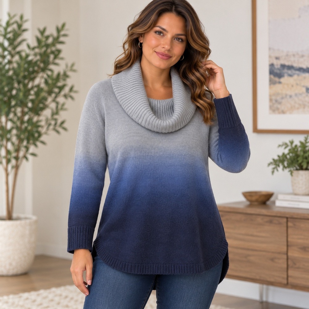 Chico's Ombre Cowl Neck Sweater Grey Blue Gradient High Low Tunic Small